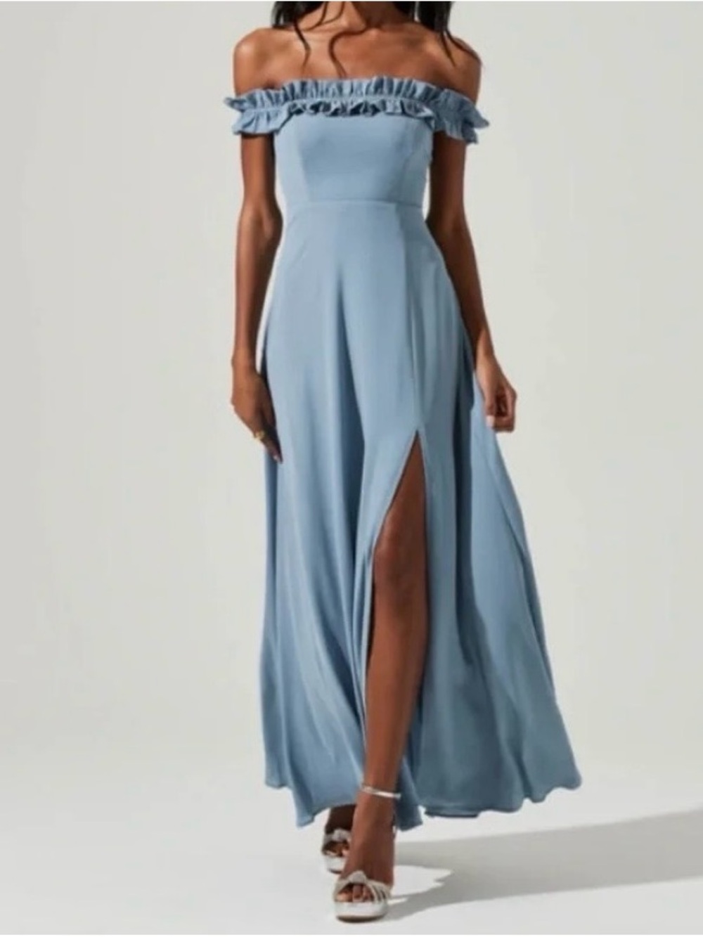 ASTR off Shoulder Ruffle Maxi Dress in Light Blue